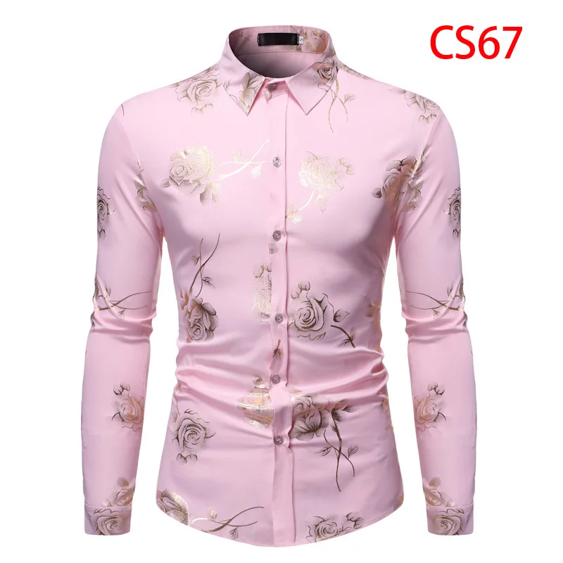 CS67 Pink Мужские рубашки с цветочным принтом золотистой розы,, брендовая Цветочная сорочка в стиле стимпанк, белая, с длинным рукавом, для свадебной вечеринки, бронзовая, Camisa Masculina - Цвет: CS67 Pink