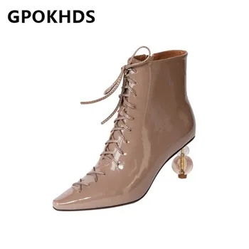 

GPOKHDS 2021 women Ankle boots Cow leather Winter short plush Square Toe Zipper High heels female boots size 39