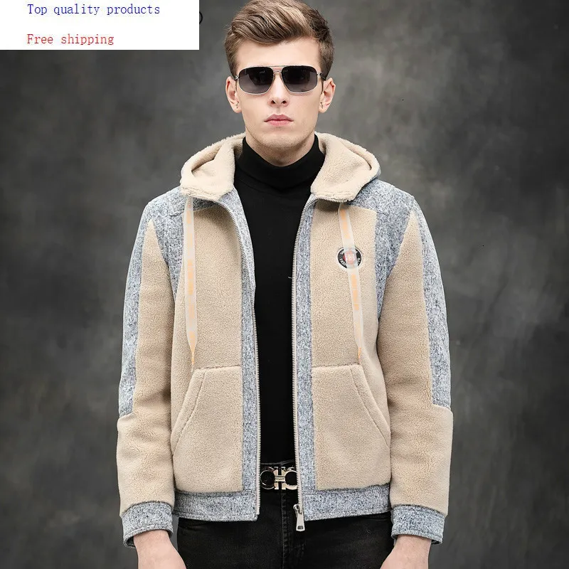 Real Fur Coat Men Autumn Winter Sheep Shearing Wool Coats Denim Jacket Hooded Fashions Men's Jackets WB19055 KJ3124 | Мужская одежда