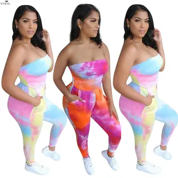 

2020 Summer Women Jumpsuits Rompers Strapless Tie-dye Print Backless Sexy Jumpsuits Night Party Bandage One Piece Club Outfits