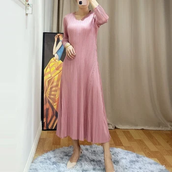 

New Women's Large Size Dresses for Spring Miyak pleated solid color long-sleeved V-neck Slim and Simple Long Sleeve Midi Dress D