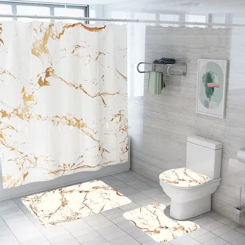 

New Marble-printed Shower Curtain Floor Mat Bathroom Mat Set 4PCS Toilet Mat Set Anti-slip Rugs Waterproof Bathroom Curtains