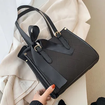 

Black Ribbon Designer PU Leather Shoulder Bags For Women 2021 Winter Fashion Hand Bag Lady Luxury Small Handbags and Purses