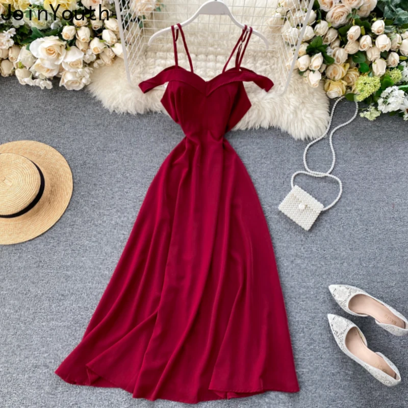 

Joinyouth 2020 Summer Sleeveless Sling Dresses Sexy Strapless A-line Midi Women Dress Holiday Fashion Solid Vestidos Femme 59463