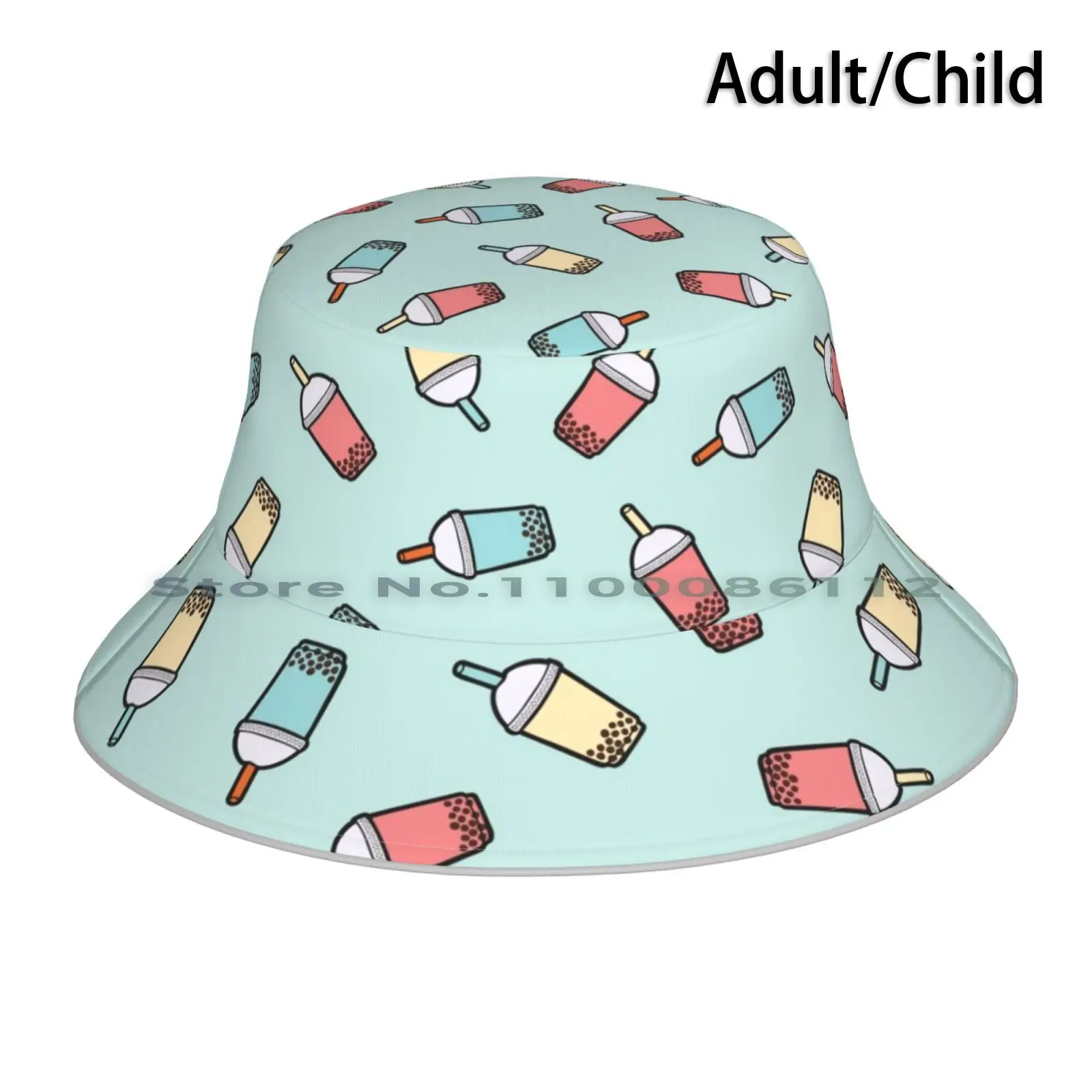 Bubble Tea Pattern In Mint Bucket Hat Sun Cap Bubble Tea Taro Bubbles Foodie Fruit Tapioca Balls Cup Bere Pearl Boba Milky