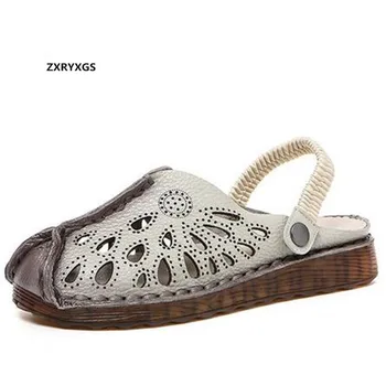 

2020 New Round Head Comfortable Breathable Shoes Soft Top Cowhide Leather Sandals Classic Retro Summer Shoes Flat Women Sandals