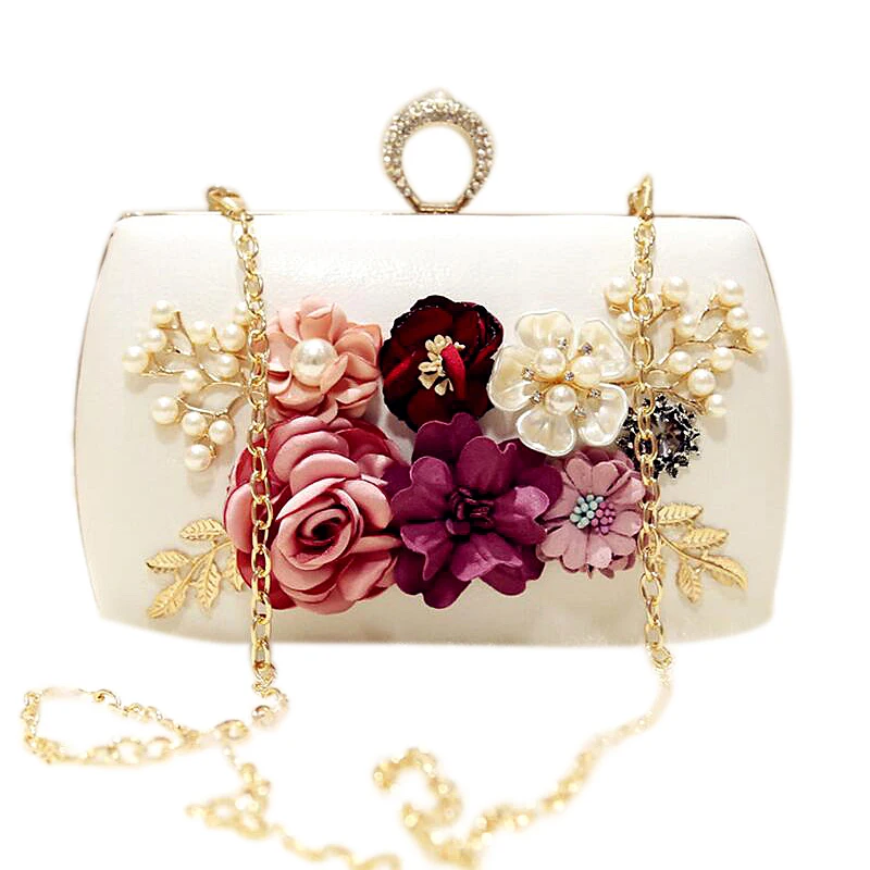 

AUAU-high quality luxury handmade flowers evening bags brand dinner clutch purse with chain flower banquet bags(white)