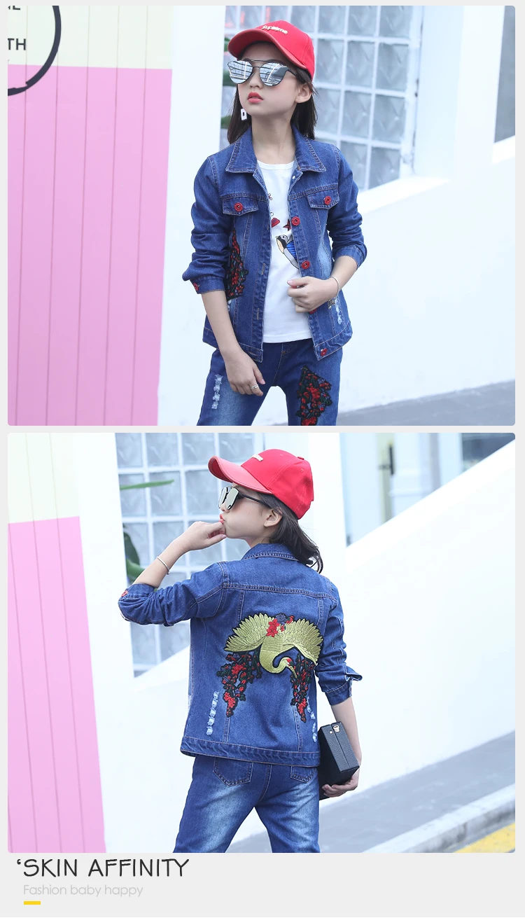 Autumn Girls Denim Pants Embroidered Crane Outfits Girls Autumn Spring 3Pcs Denim Jacket + Jeans Clothing Set