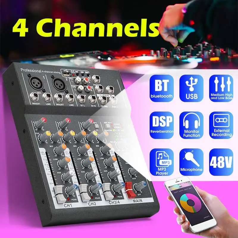 Портативный 4 канала 48 в bluetooth аудио микшер USB DSP усилитель цифровой DJ микшерный пульт беспроводной караоке плеер MP3 Разъем