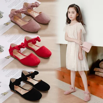 

Girls Leather Shoes for Children Wedding Dress Princess School Shoes Kids Summer Bow-knot Black Student Sandals Korean Fashion