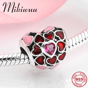 

New Valentine 925 Sterling Silver love heart Pink Enamel and zircon beads Jewelry making fit Original Mikiwuu Charms Bracelet