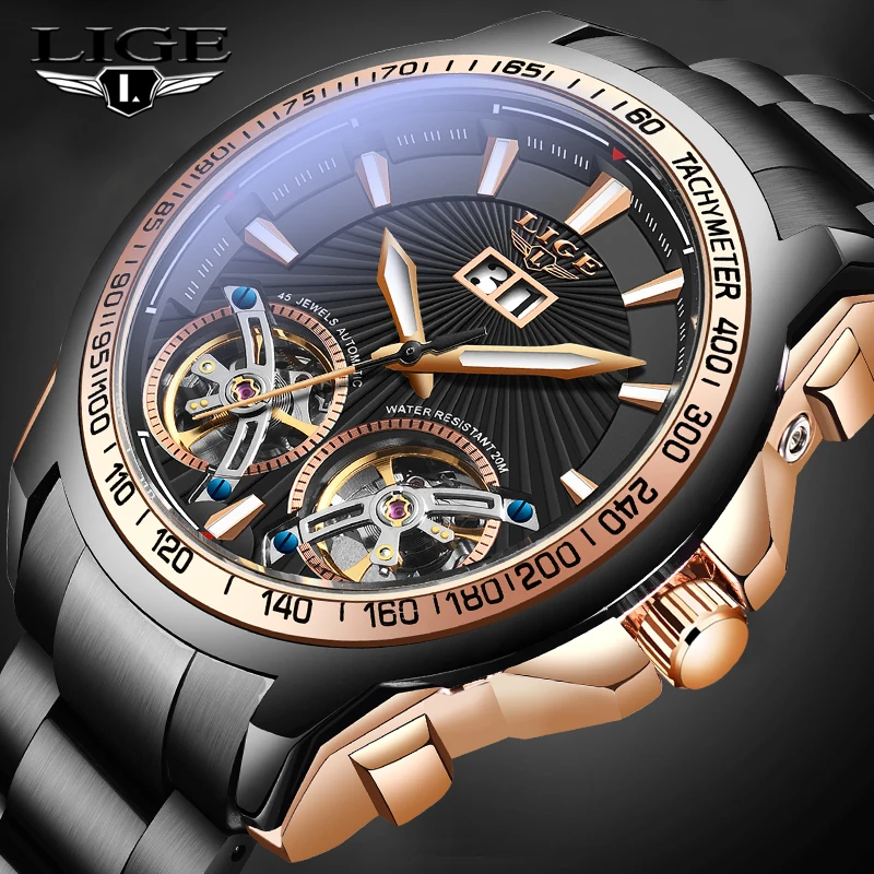 Мужские механические часы LIGE Лидирующий бренд Tourbillon спортивные мужские