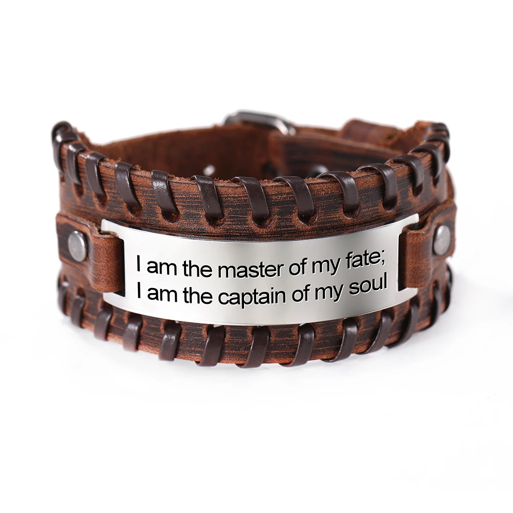 Brown-10 EUEAVAN 5pcs Proverb Positive Black/Brown Leather Bracelet Saying Charm Stainless Steel Jewelry For Men Gift Wholesale - Окраска металла: Brown-10