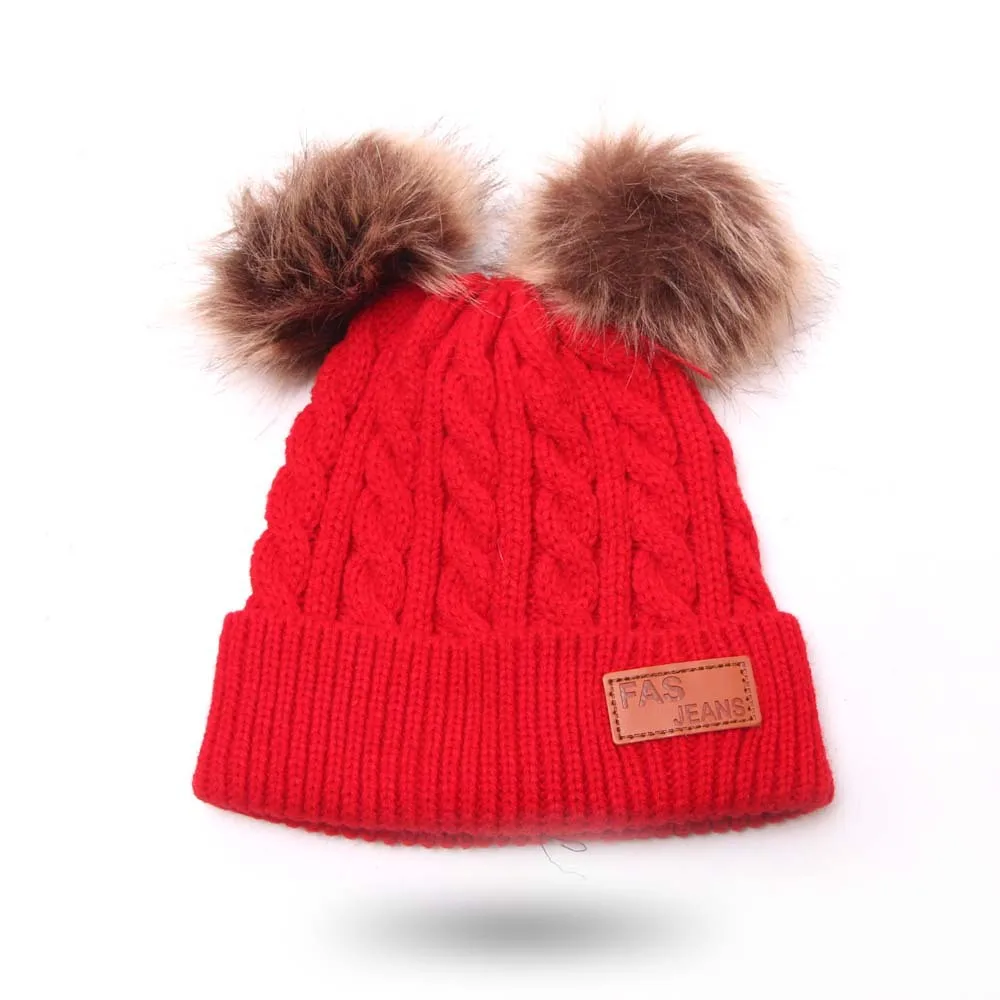 Зимняя детская вязаная шапка из искусственного меха, 2 плюшевых шарика, вязаная шапочка для маленьких девочек, теплая детская шапка с помпонами - Цвет: Red