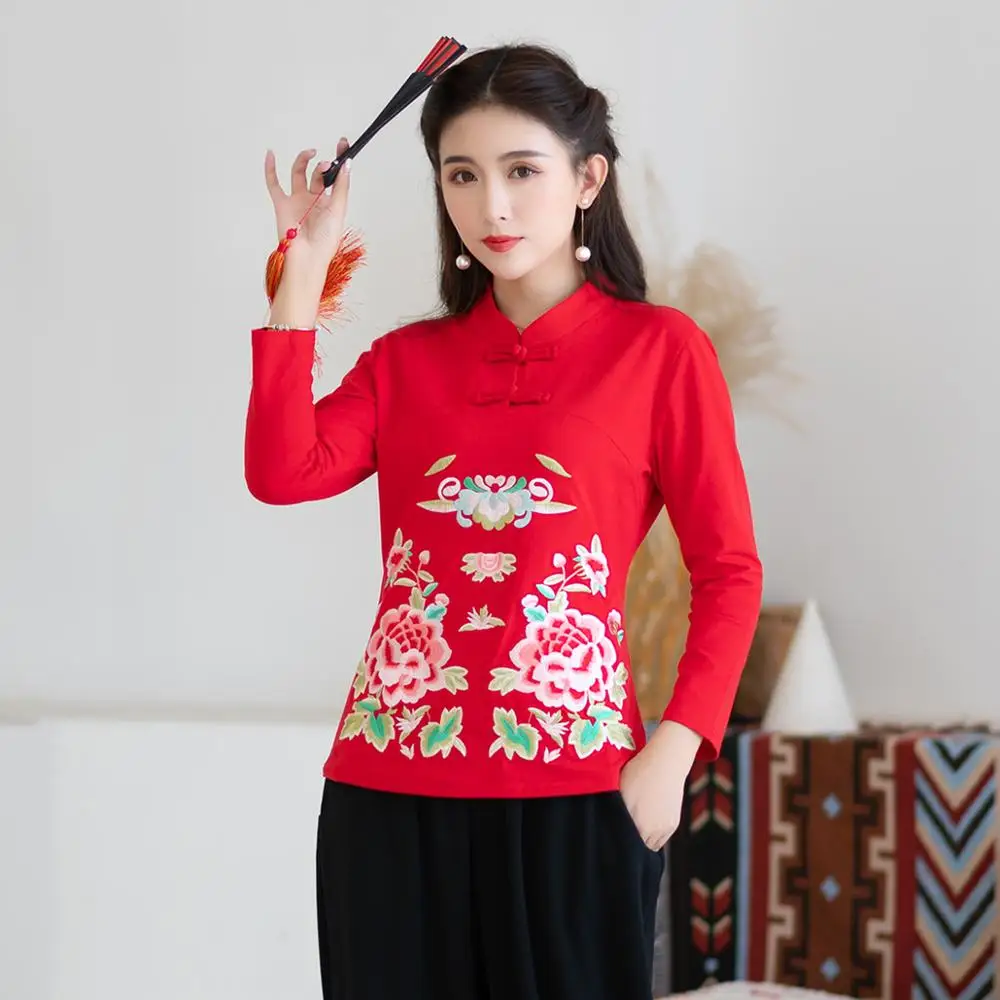 KYQIAO blusa feminina Женский Осенний Традиционный китайский стиль воротник стойка зеленый черный красный цветочный Вышивка блузка рубашка - Цвет: Красный