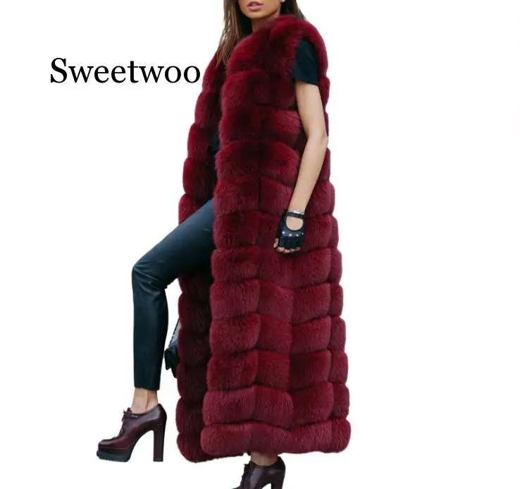 Winter Super Long Fur Vest  Women Faux Fox Fur Vest Furry Slim Woman Fake Fur Coat Jacket Long Outwear