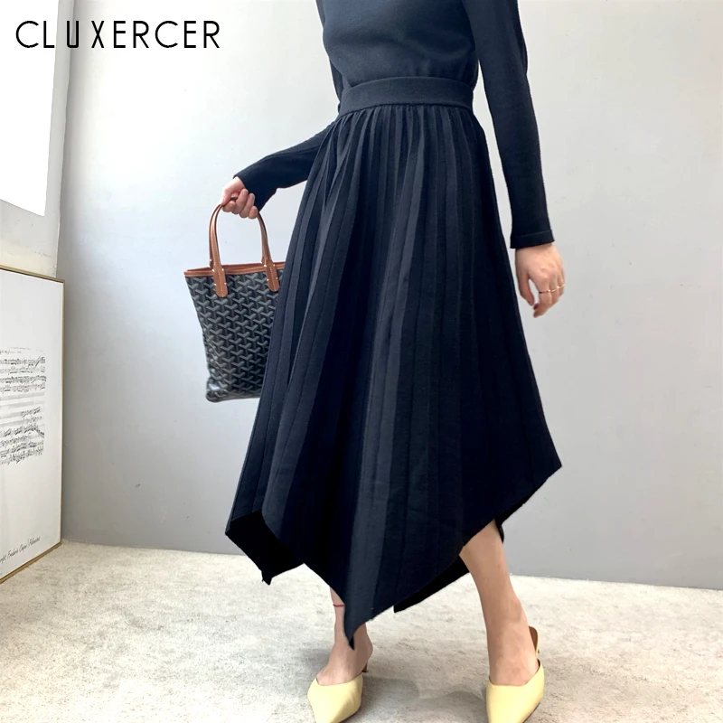 

Korea Style Autumn Winter Asymmetrical Knit Skirt Women Elegant High Waist Solid Wool Knitted Maxi Long Skirt Female