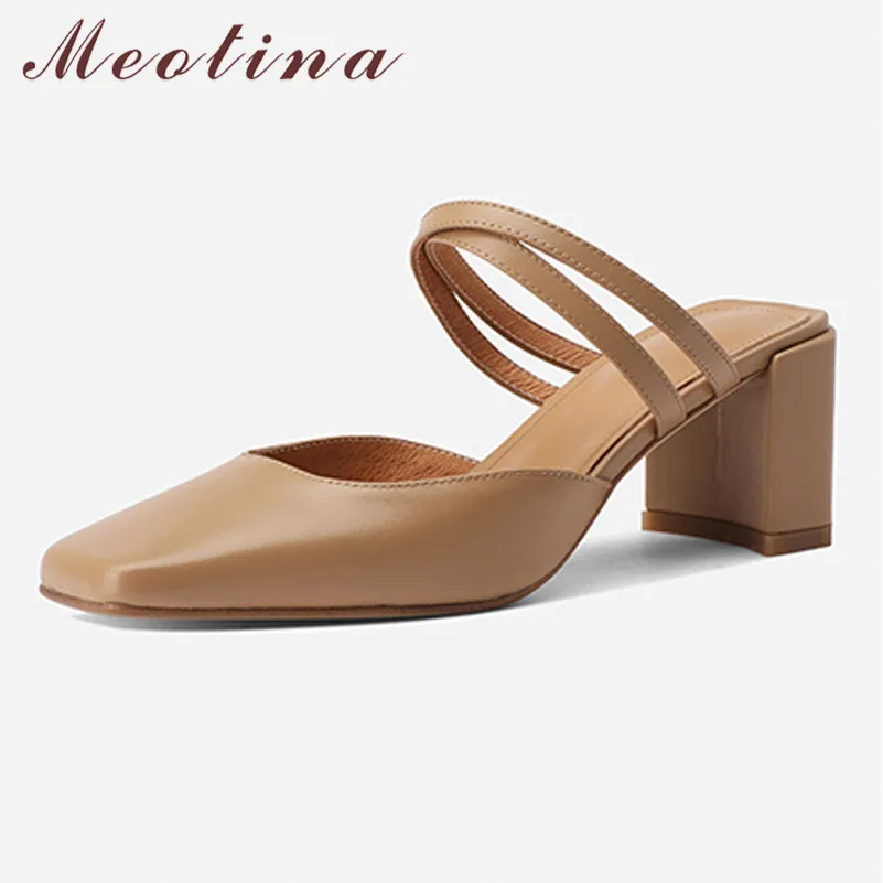 

Meotina Genuine Leather High Heels Mules Shoes Women Pumps Square Toe Thick Heel Shallow Ladies Footwear Summer Beige Size 40
