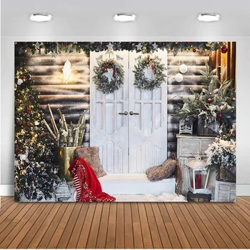 

Christmas rustic wood door backdrop for photography white door and wreath Christas theme party decoration background for photo
