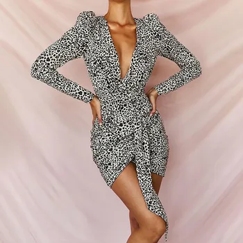

Female Jazz Dance Costumes Long Sleeve Leopard Print V-Neck Dress Nightclub Party Singer Dancer Performance Clothes DQL2518