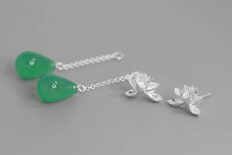 INATURE 925 пробы серебряные ювелирные изделия натуральный зеленый агат цветок лотоса Висячие серьги для женщин Подарки