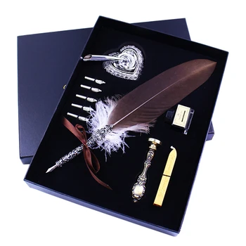 

10 Pcs Feather Quill Pen Set Dip Pen Writing Calligraphy Pen Kit with Ink Bottle Nibs in Gift Box
