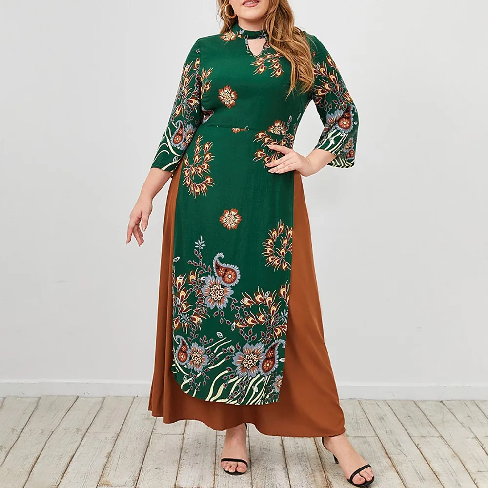 Plus Size Women Elegant Vintage Dress 3/4 Flower Print Loose Green Dress Robe 4xl Big Size Modest Clothing Party Vestido Longo