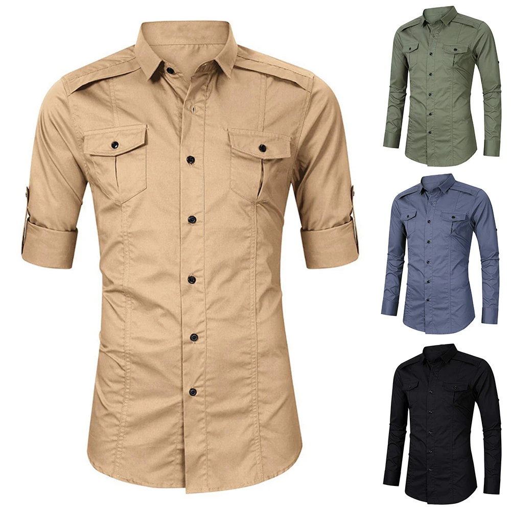 

Helisopus Outdoor Men Shirt Long Sleeve Spring Autumn Casual Shirts Solid Color Slim Fit Turn-down Collar Top with Pocket Shirts