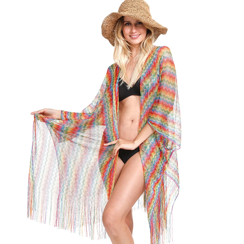 Women's Beach Pashmina Shawls Cover up Bikini Swimsuit Summer Kimono Boho Rainbow Striped Sarong Wrap bikini cover