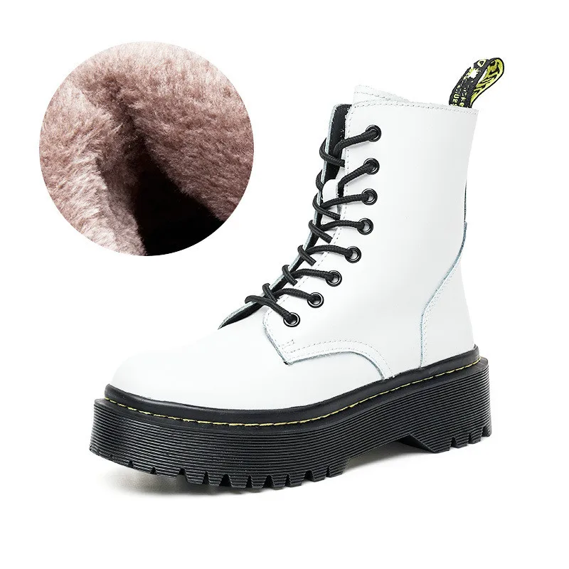 

Winter Motorcycle Boots Women Warm Plush Snow Boot Genuine Leather Rubber Platform Lace Up Punk Military Ladies Shoe Botas Mujer