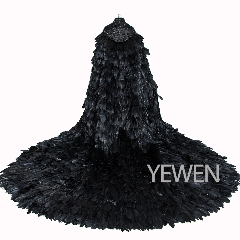 Robe De Soire Перья Великолепные черные цвета слоновой кости Длинные вечерние платья YEWEN кристаллы свадебный пиджак Элегантные платья знаменитостей