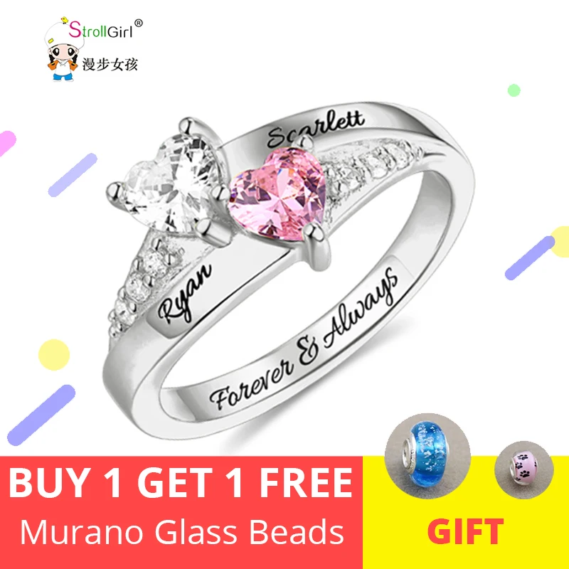 StrollGirl 925 Sterling Silver Double Heart Birthstone Name Ring Custom Engraved Couples' Names Rin