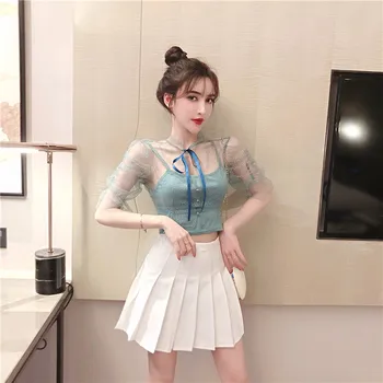 

Casual Women Blouses Short Style Chic Summer Lace Up Tops Button Blouses Ladies O-Neck Puff Sleeves Cute Set Blouses