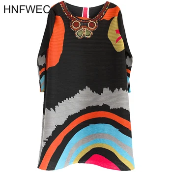 

2019 Temperament High Quality Pleated Dresses For Women Summer New Personality Printing Round Collar Loose Clothes R568