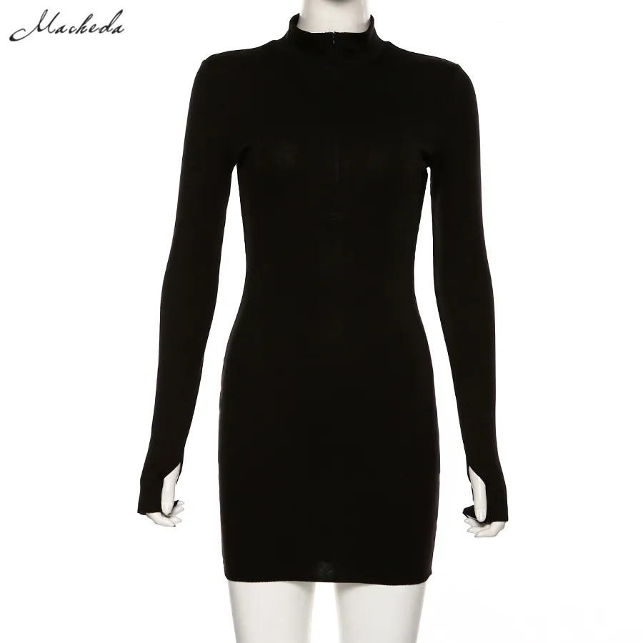 Macheda Autumn Winter Stretch Slim Soft Ribbed Knitted Turtleneck Dress Woman Fashion Solid Black Casual Bodycon Zip Dress