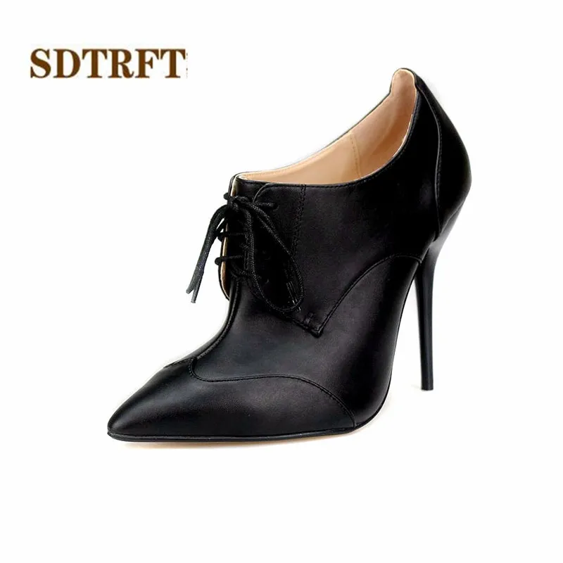 

SDTRFT Spring Atumn Pointed Toe Ankle boots 12cm thin high heels shoes woman zapatos mujer Fashion Lace-up pumps bota feminina