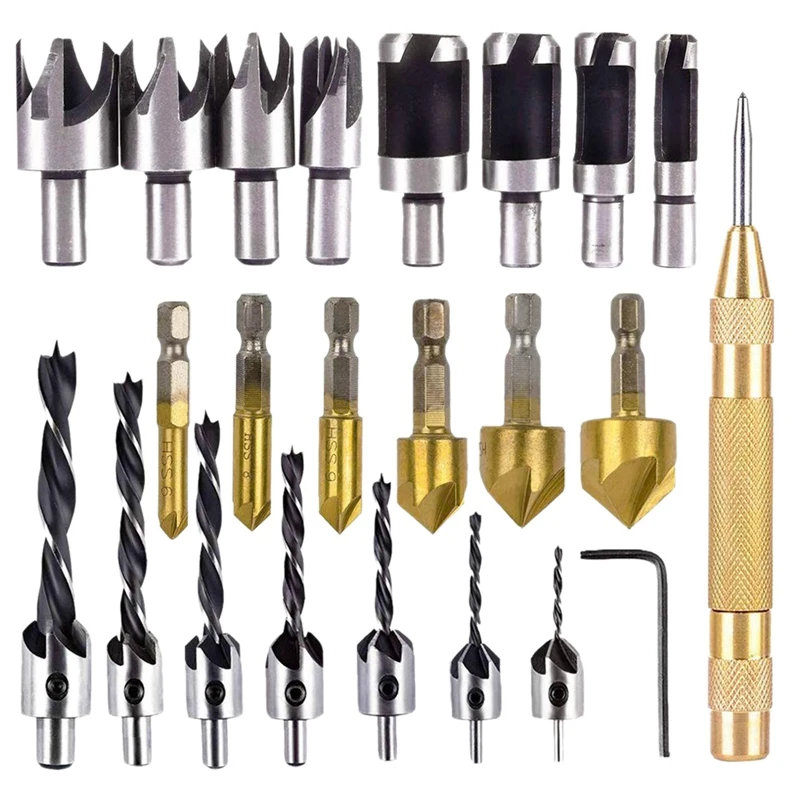 

HHO-23-Pack Woodworking Chamfer Drilling Tool Countersink Drill Bits Wood Plug Cutter And Automatic