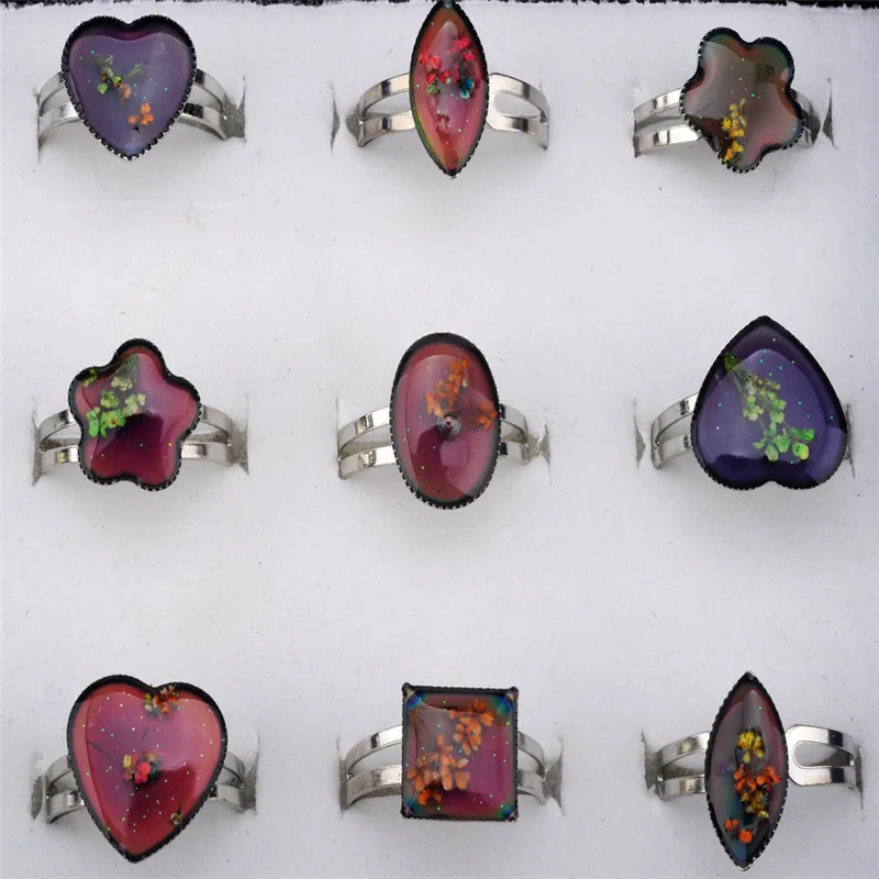 Wholesale 5pcs Chang Color Mood Rings for Women Dried Flower Adjustable Mix Lot Heart Square Shape Ring Jewelry