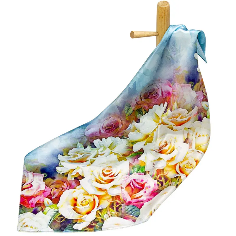 High-quality Pure Silk Scarf Women Bandana Female Hair Top Women's Natural Square Headband Head for Rose |