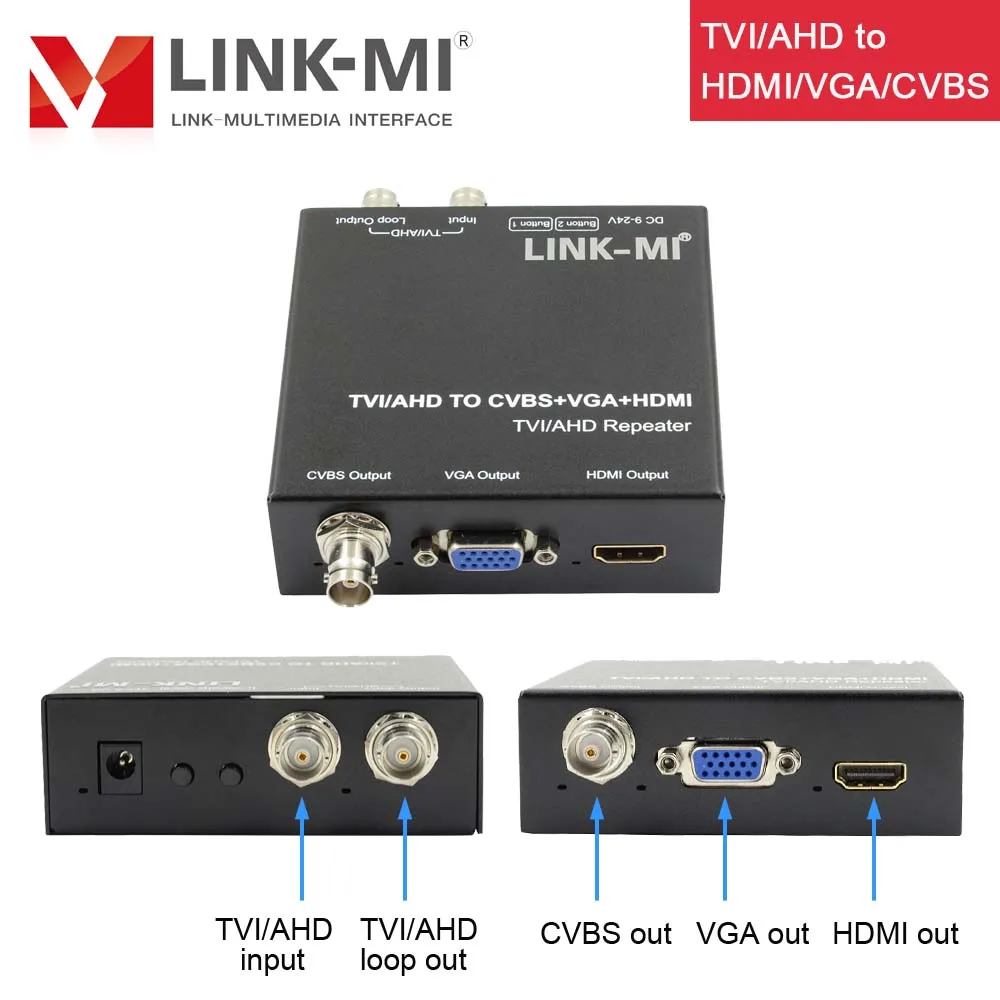 LINK-MI TVH2 TVI AHD к HDMI CVBS VGA BNC HD видеоконвертер для CCTV с 1 циклической TVI/AHD выходом 300 м