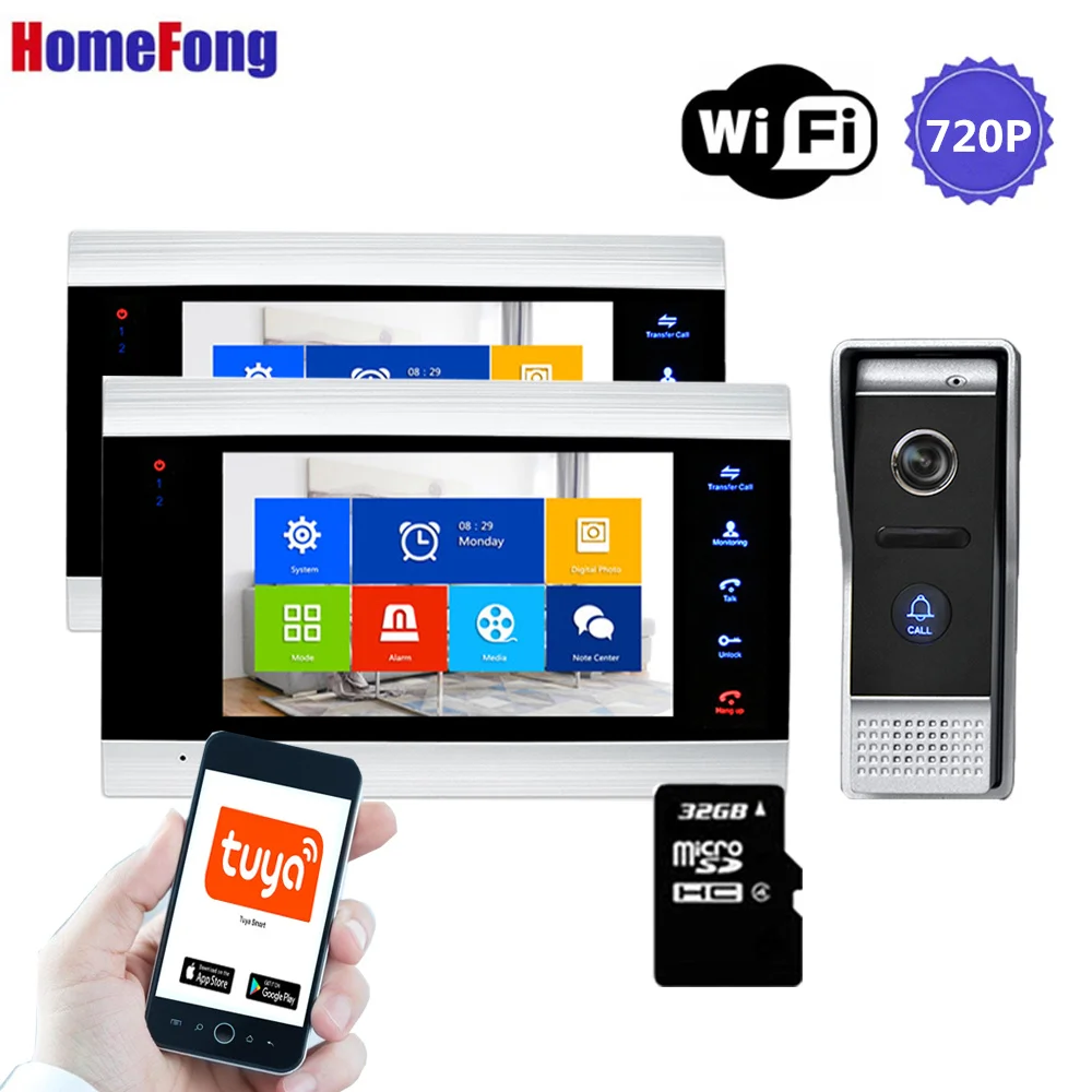 2V1 【Wide широкоугольный 720p】 homefong 7 дюймов беспроводной Wifi видеодомофон дверной звонок Система Smart IP с 2 мониторами дверной звонок Камера IR - Цвет: 2V1