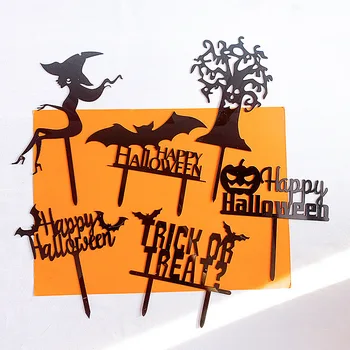 

New Happy Halloween Acrylic Cake Topper Flying Bat "Trick or Treat" Pumpkin Cake Topper For Halloween Party Cake Decorations