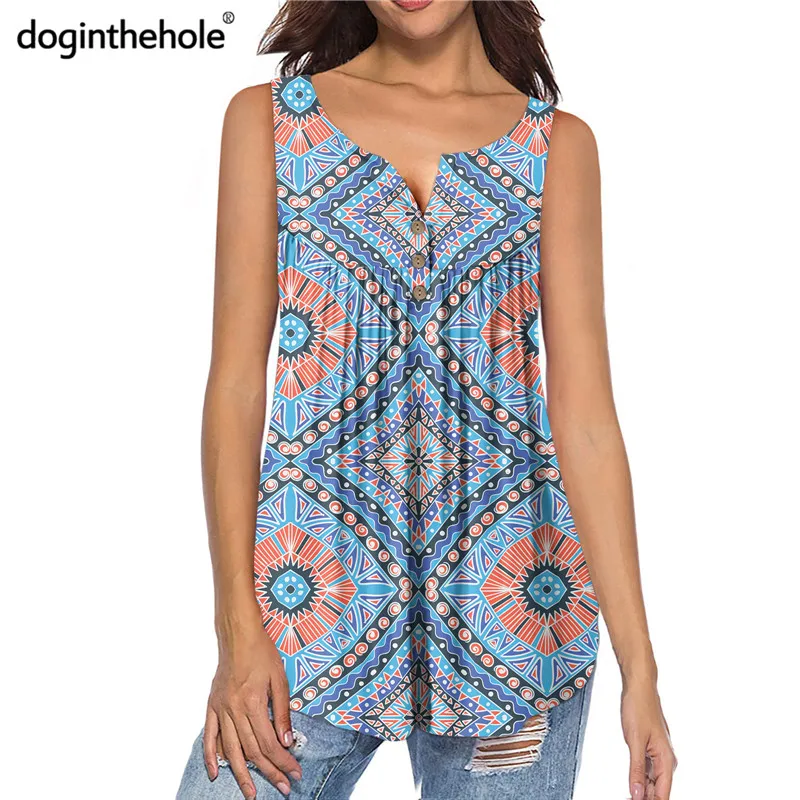 

Doginthehole Bohemian Ethnic Tribal Pattern Women Swing Tunic Tops Fashion Pleated Style Mandala Blouse Lady Sleeveless Shirts