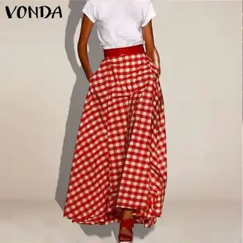 

Plus Size Summer Skirts 2020 VONDA Women Elastic Waist Plaid Printed Skirts Bohemian Party Bottoms Loose Elegant Retro Skirts