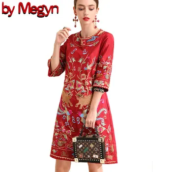 

2020 spring Fashion Runway Dress Women's Long Sleeve Vintage Butterfly Floral Embroidery Crystal Beading Loose Dress
