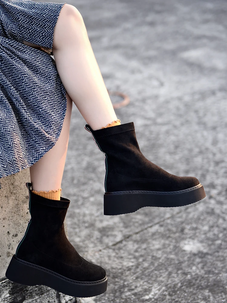 

Artmu 2020 New Women Boots Wedges Shoes Short Boots Woman Single Boots Slope Waterproof Elastic Boots Thick-soled Black Fashion