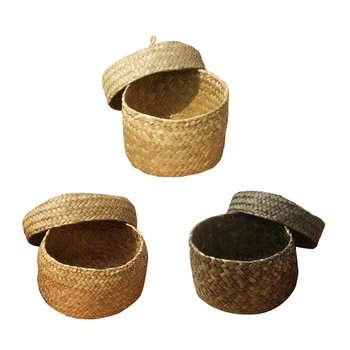 

Willow Straw Woven Storage Basket With Lid Round Desktop Storage Organizer For Snack Small Toys 1pcs