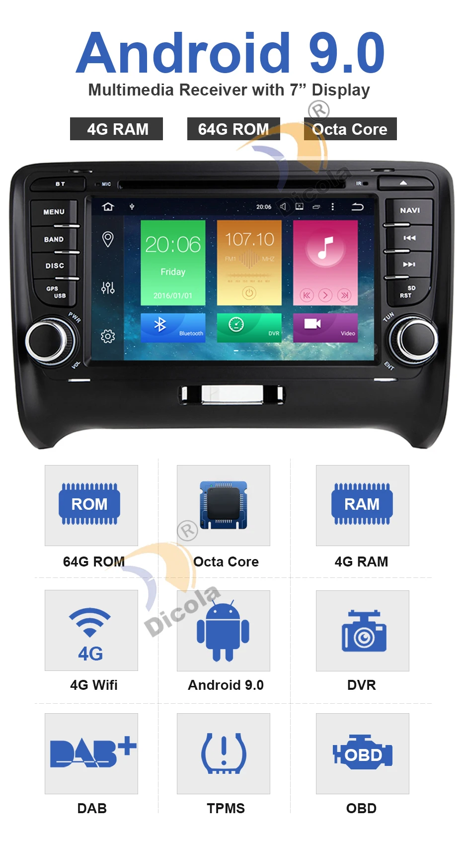Excellent IPS 2 Din 7" Android 9 Octa Core Radio GPS Navigation Car DVD Player for Audi TT MK2 8J 2006 2007 2008 2009 2010 2011 2012 3