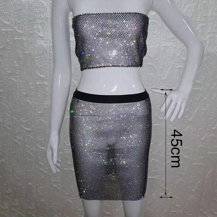 Outfit 1 Черный блестящий со стразами идеально сочетаются с нарядным два комплект из 2 частей сексуальное платье без бретелек с низким вырезом на спине Топ обтягивающие, с эластичным поясом юбка Клубная одежда Горячая Верхняя одежда из двух частей - Цвет: Outfit 1