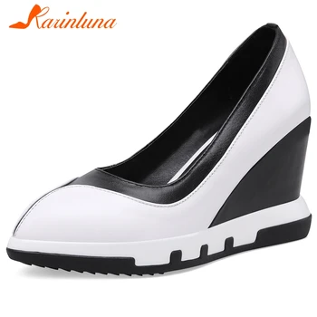 

KARINLUNA New Ladies Genuine Leather Platform Pumps Elegant High Wedges Pumps Women Office Concise mixed-color Shoes Woman